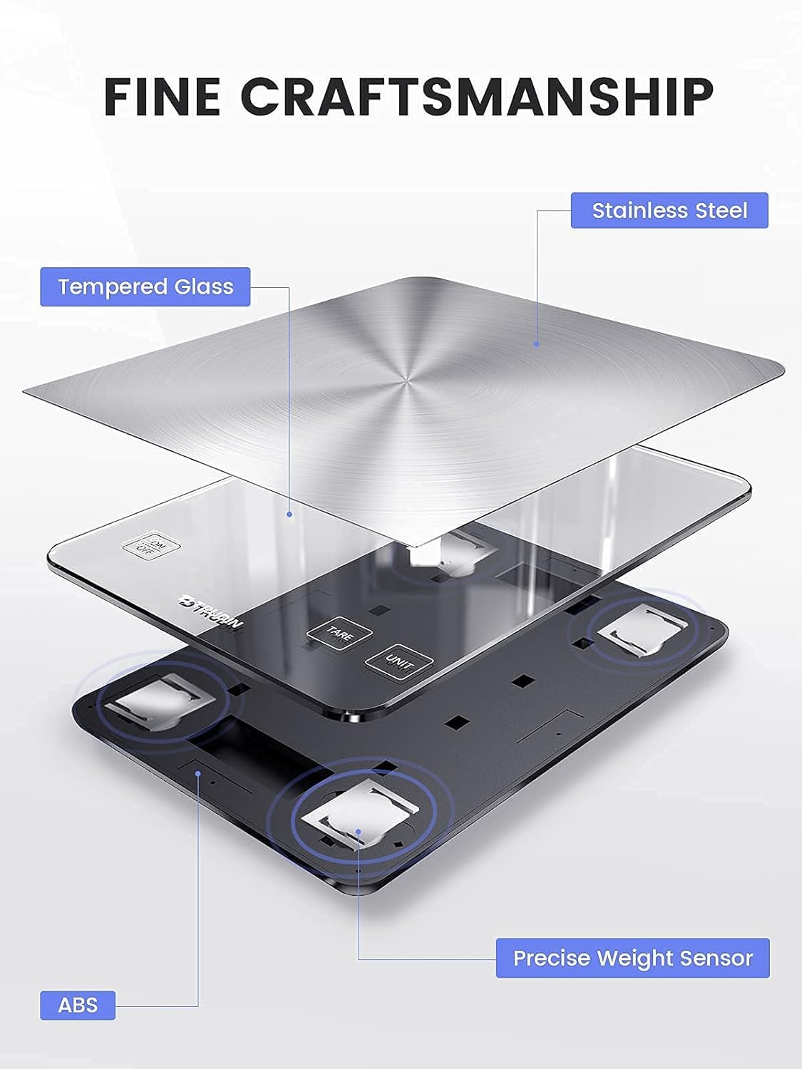 TRUDIN 33lb Food Scale tare button demonstrates effortless net weight in containers.
