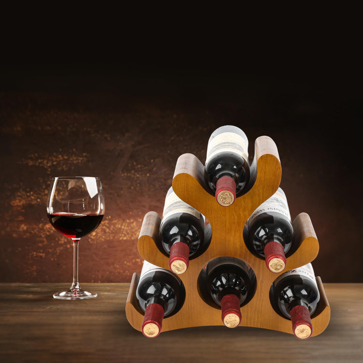 TRUDING six-bottle rack enhances countertop aesthetics while keeping wine reachable.