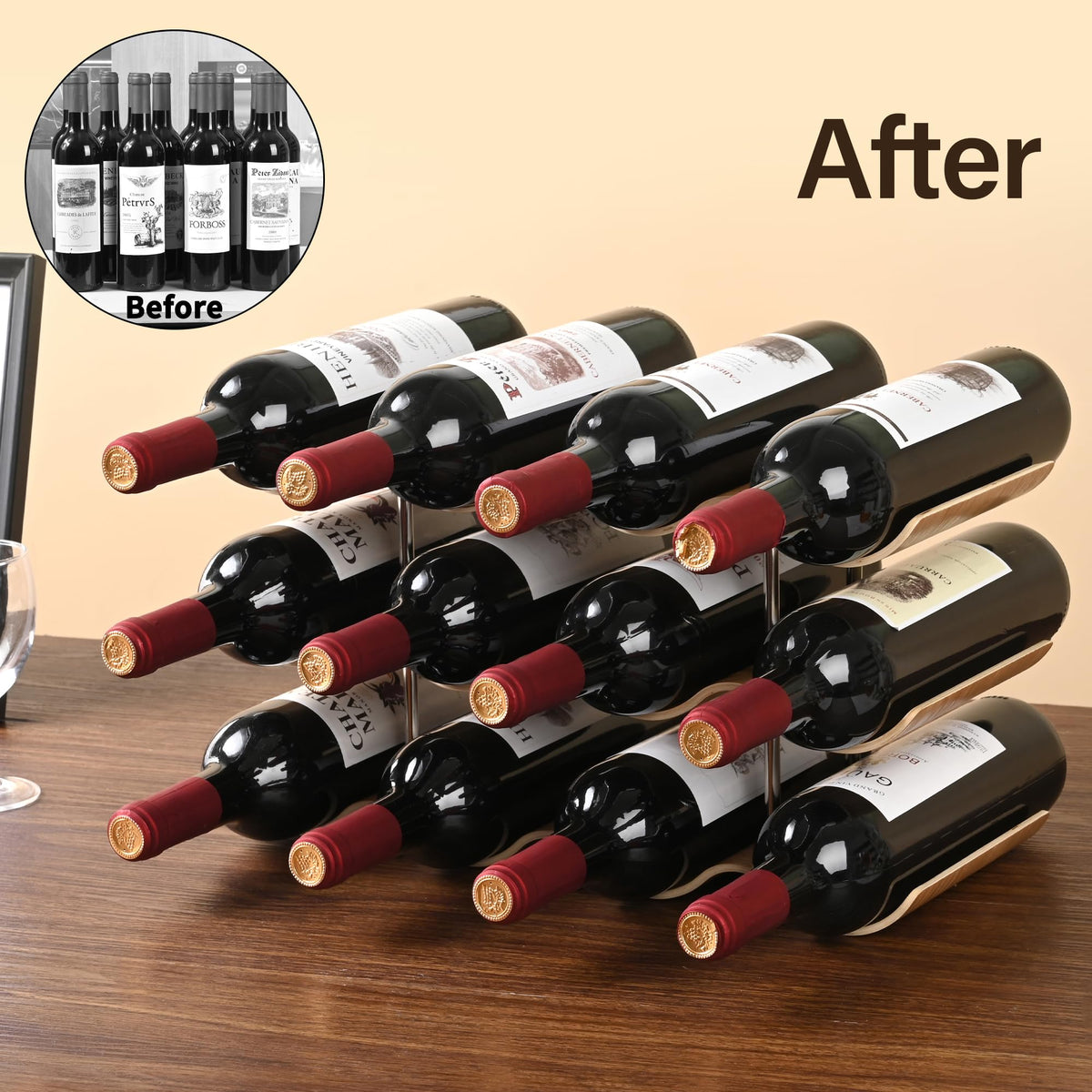 TRUDING wavy rack top view highlighting four oversized bottle slots for variety.
