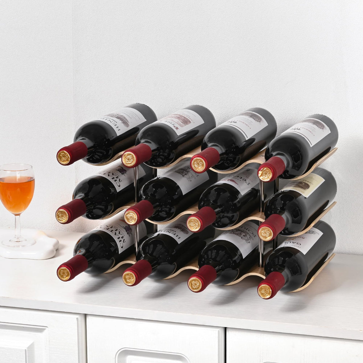 TRUDING wine rack slot organization showcases eight lower slots for standard bottles.