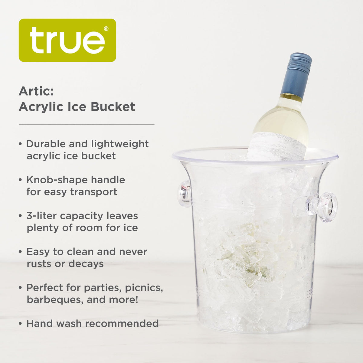 TRUE 3-liter capacity ice bucket filled with ice for bottles