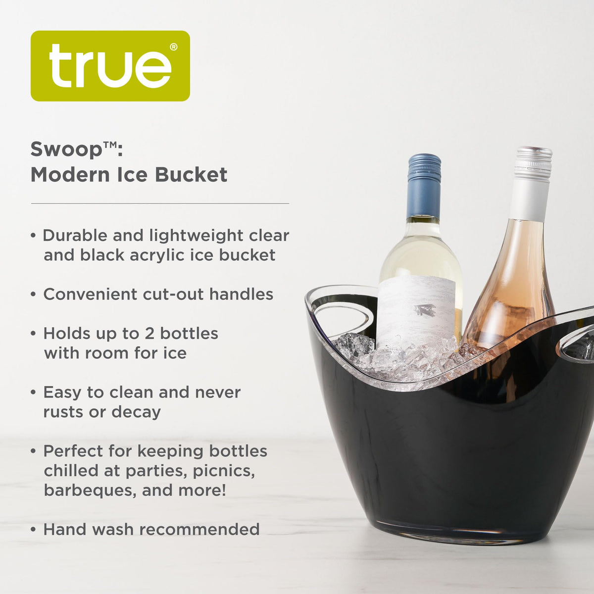 Close-up of cut-out handles on the TRUE ice tub for portable hosting.