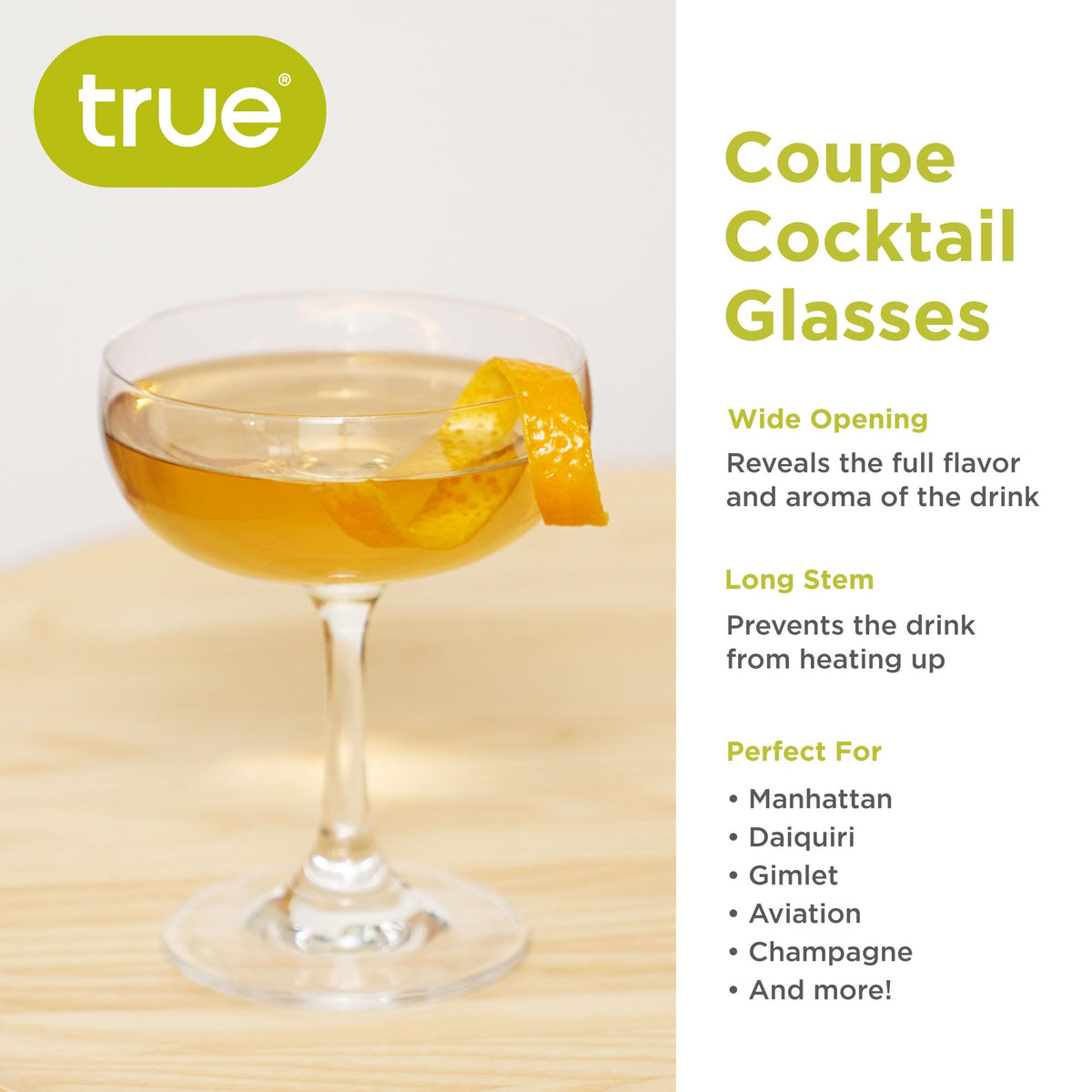 TRUE Coupe Glass with balanced silhouette for a classic Manhattan presentation.