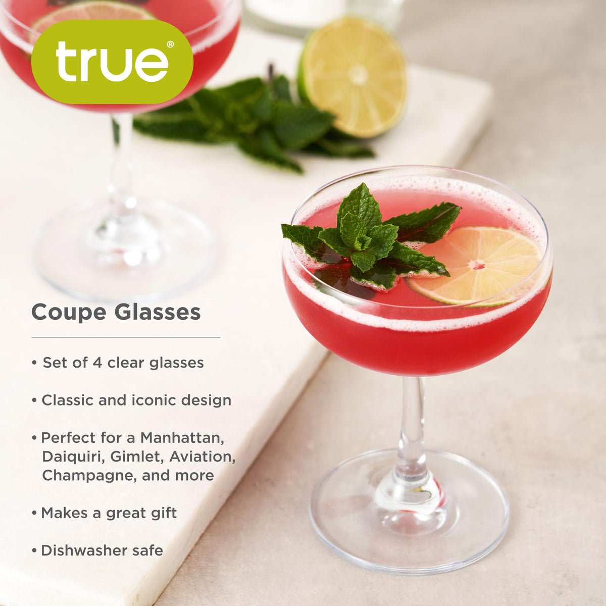 TRUE Coupe Glass multiuse for martinis, daiquiris, margaritas, showcasing vibrant colors.