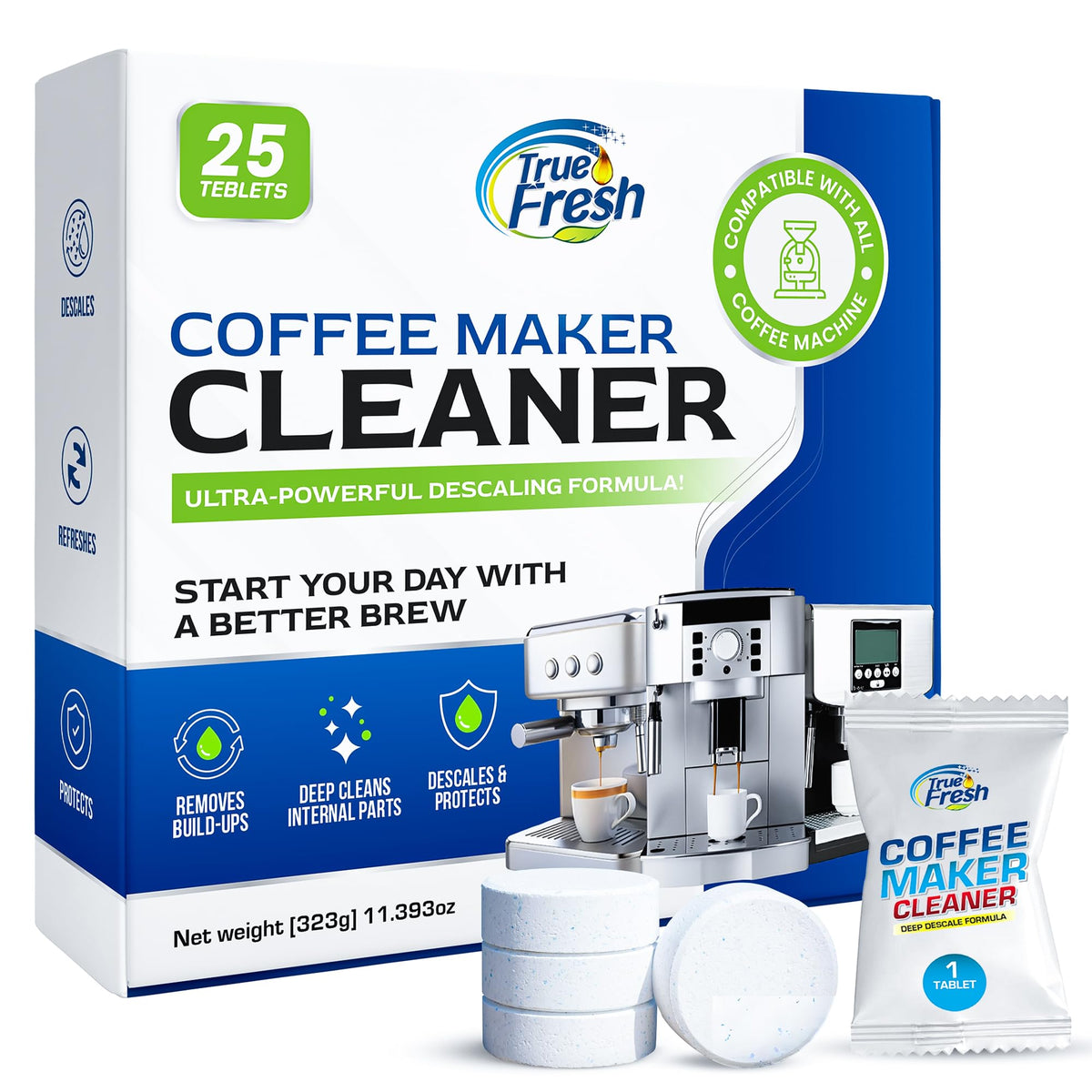 True Fresh packaging demonstrates easy descaling for daily coffee care.