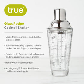 TRUE True Glass Shaker showing the jigger cap for precise pours.
