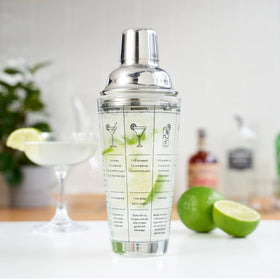 TRUE seven-recipes-on-glass shaker highlighting classic cocktails like Margarita and Cosmopolitan.