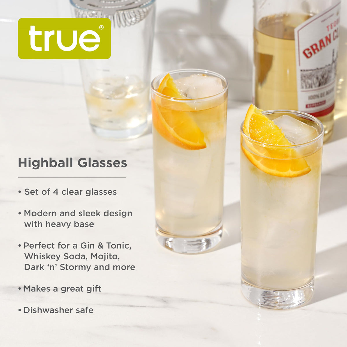 TRUE Highball Glasses tall cocktail serve for mojitos and iced tea.
