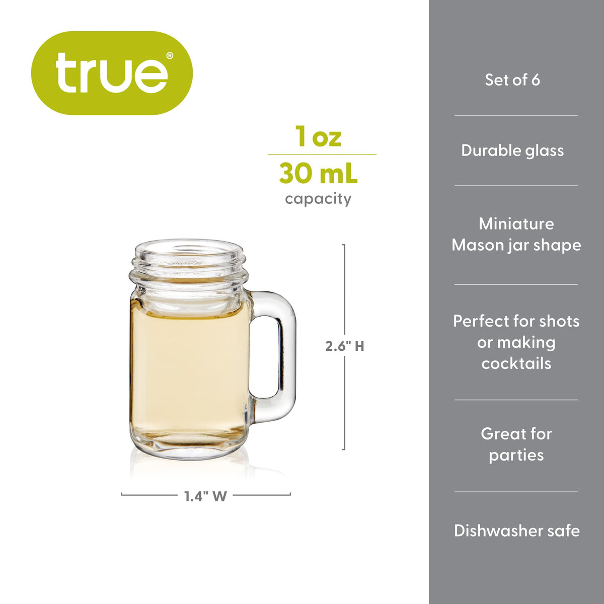 TRUE Mason Jar Shot Glasses set of 6 ensures backups for parties.