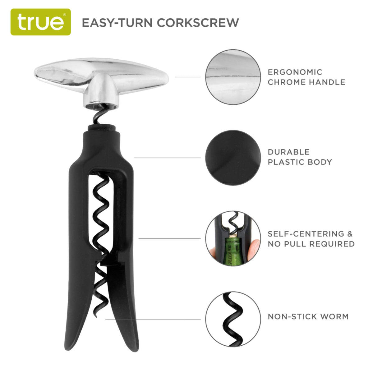 TRUE Self-Pulling Corkscrew chrome handle close-up showing smooth turning