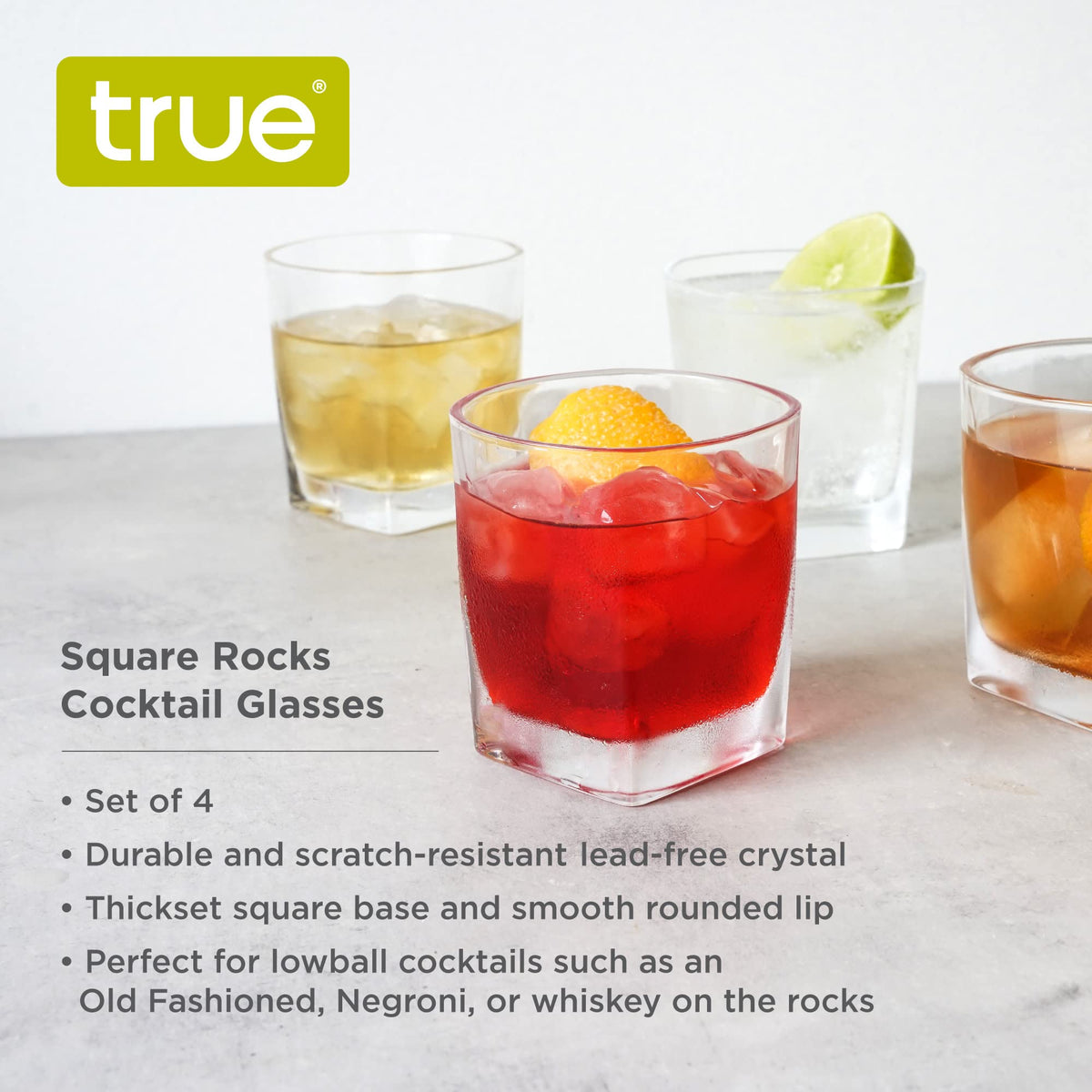 TRUE Square Rocks Glass featuring a smooth rounded lip for comfortable sipping.
