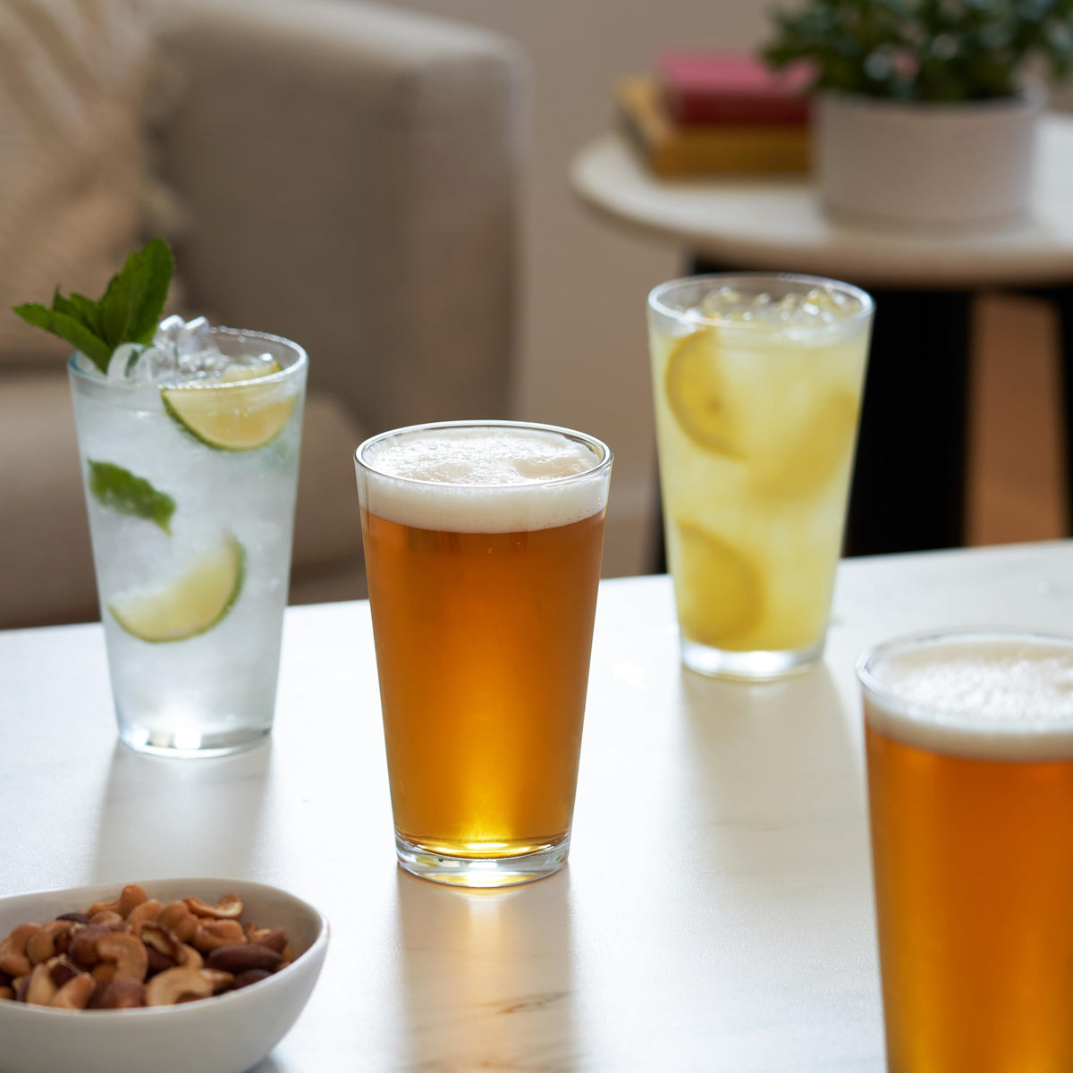 TRUE stackable pint glasses on a party table signaling entertaining and party-ready style
