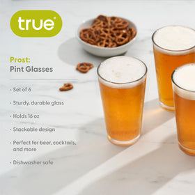 TRUE stackable pint glasses stacked neatly to demonstrate space-saving storage