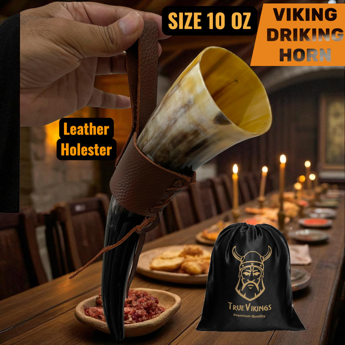 TRUE VIKING leather belt holder keeps the horn securely stored.