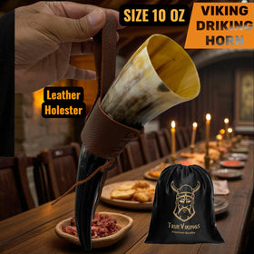 TRUE VIKING leather belt holder keeps the horn securely stored.