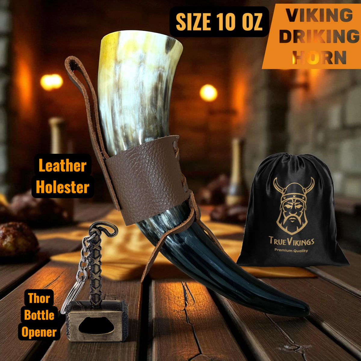 TRUE VIKING Thor bottle opener attached to the horn for convenience.