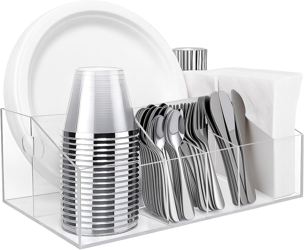 Truxwal acrylic plate dispenser with six compartments keeps meals organized for kitchens and picnics.