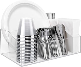 Truxwal acrylic plate dispenser with six compartments keeps meals organized for kitchens and picnics.