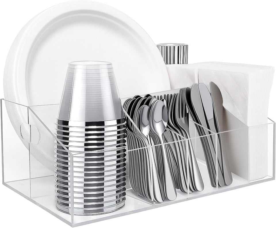 Truxwal acrylic plate dispenser with six compartments keeps meals organized for kitchens and picnics.