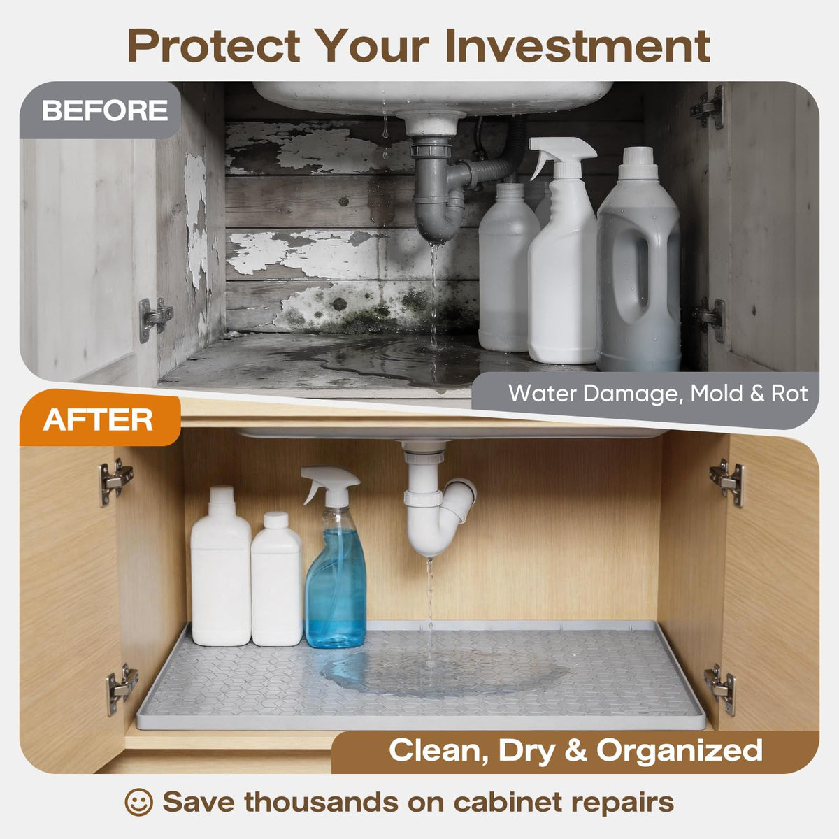TRZZ bathroom cabinet mat keeps damp spaces tidy and protected