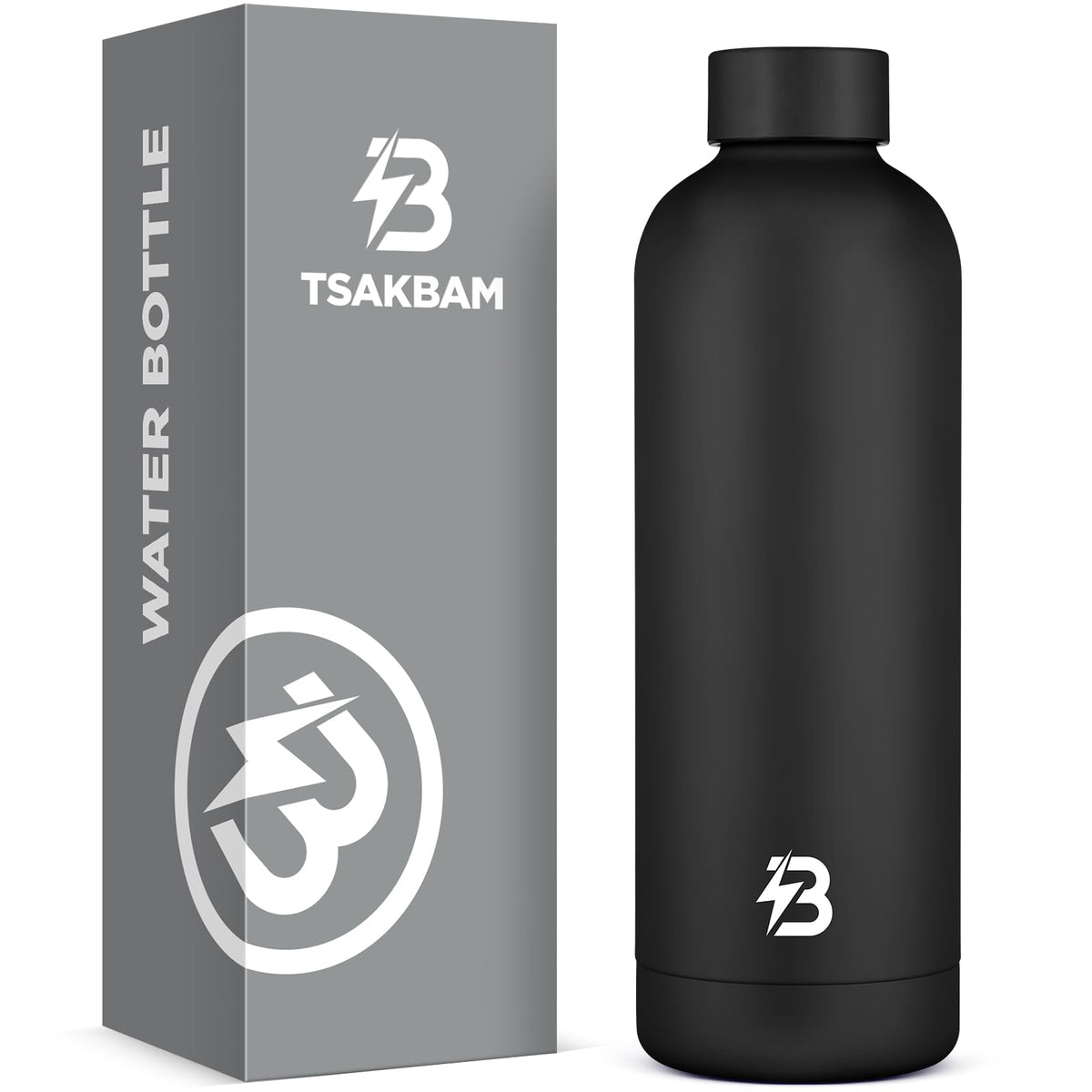 TSAKBAM insulated water bottle front view, travel-ready and keeps beverages at the right temperature