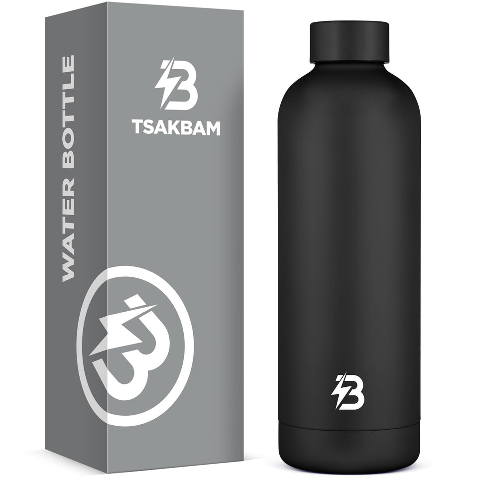TSAKBAM insulated water bottle front view, travel-ready and keeps beverages at the right temperature