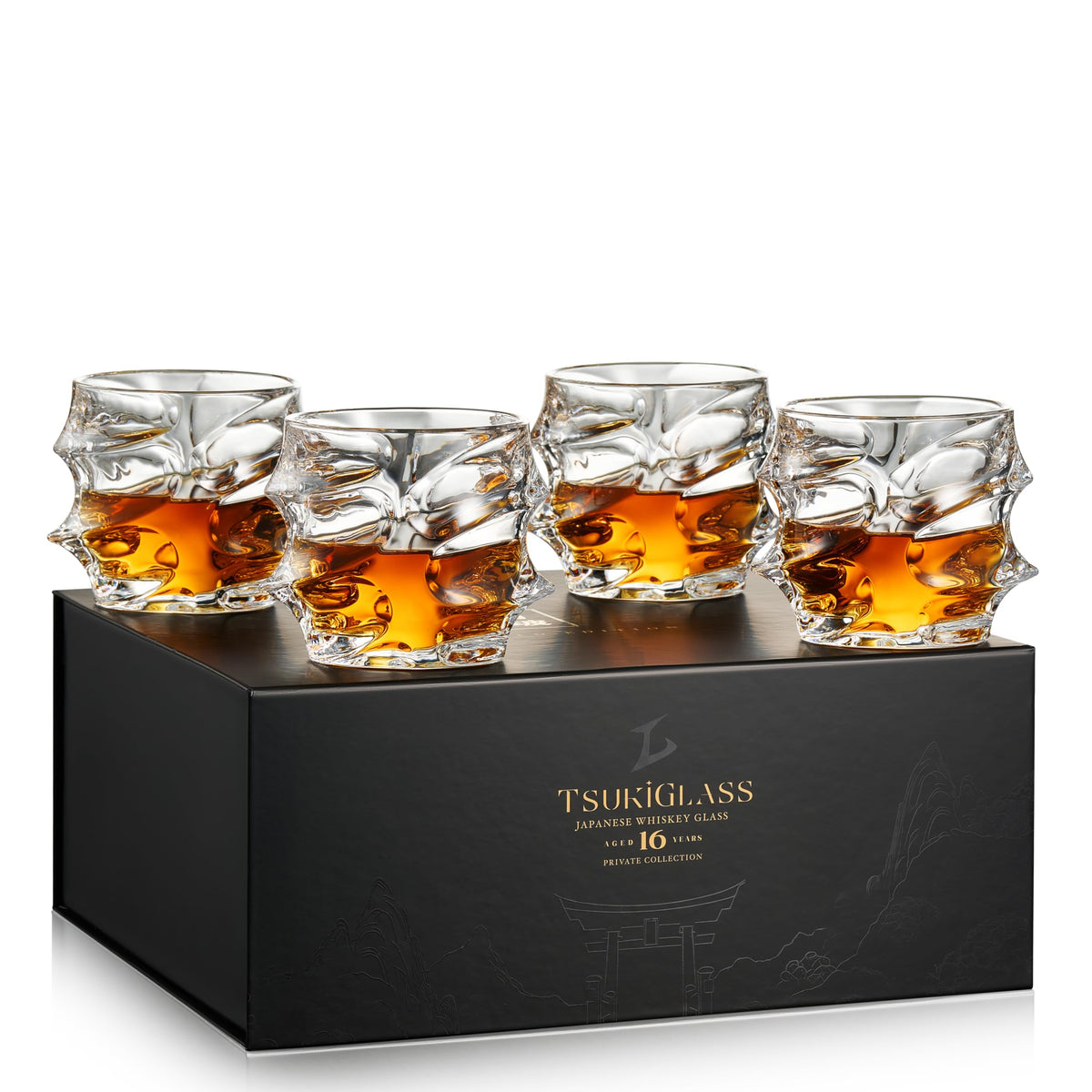 TSUKIGLASS Storm 4pc set in box—elegant whisky glasses ready for gifting and display.