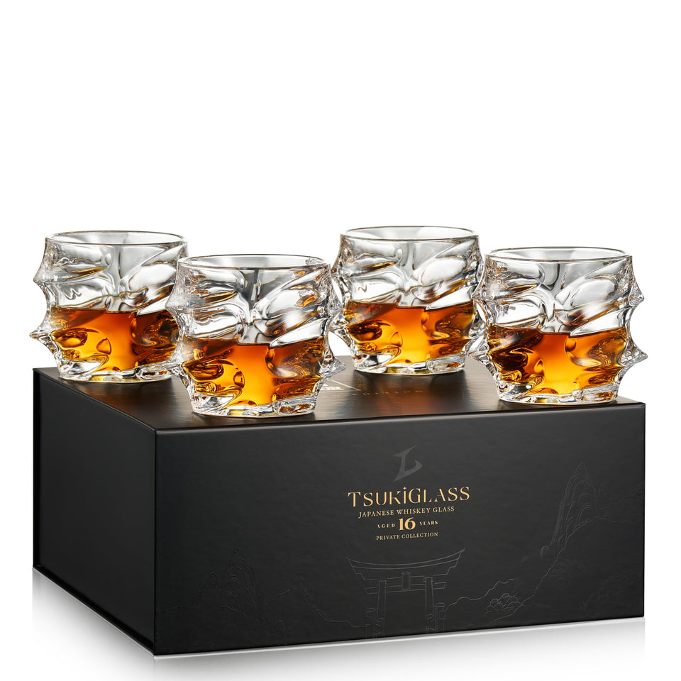 TSUKIGLASS Storm 4pc set in box—elegant whisky glasses ready for gifting and display.