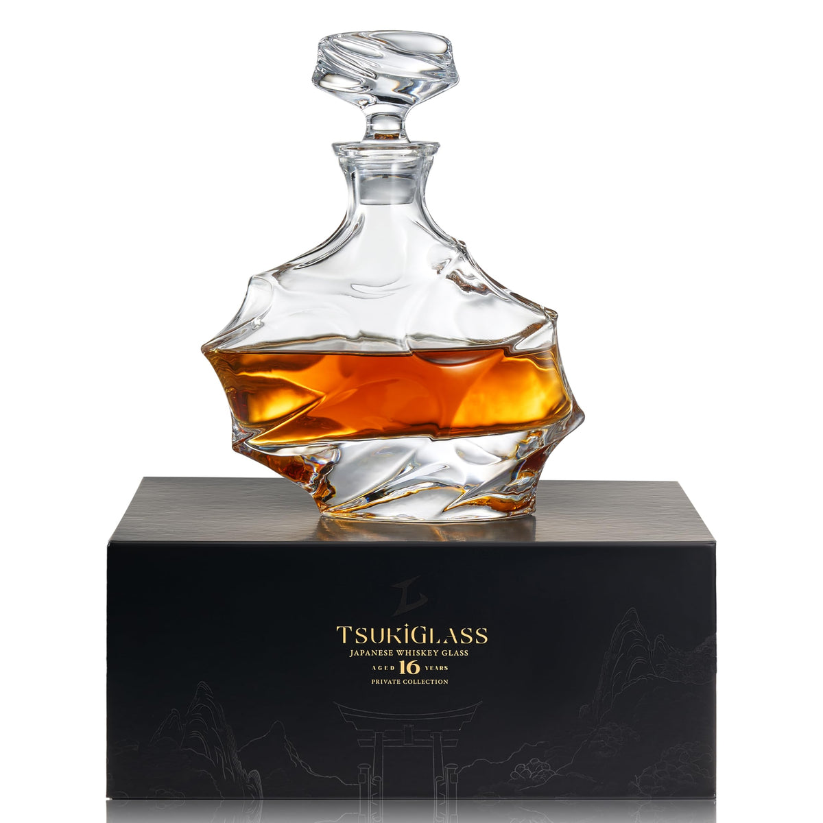 TsukiGlass Storm decanter front view shows storm silhouette and crystal clarity for elegant whiskey service.