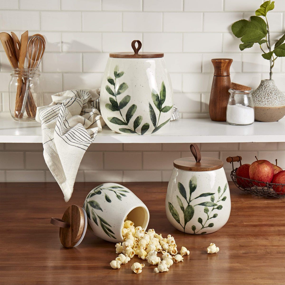 TTU Tabletops Gallery Green Leaf large ceramic canister for grains