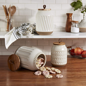 TTU Ziggy white large canister with acacia lid for bulk ingredients.