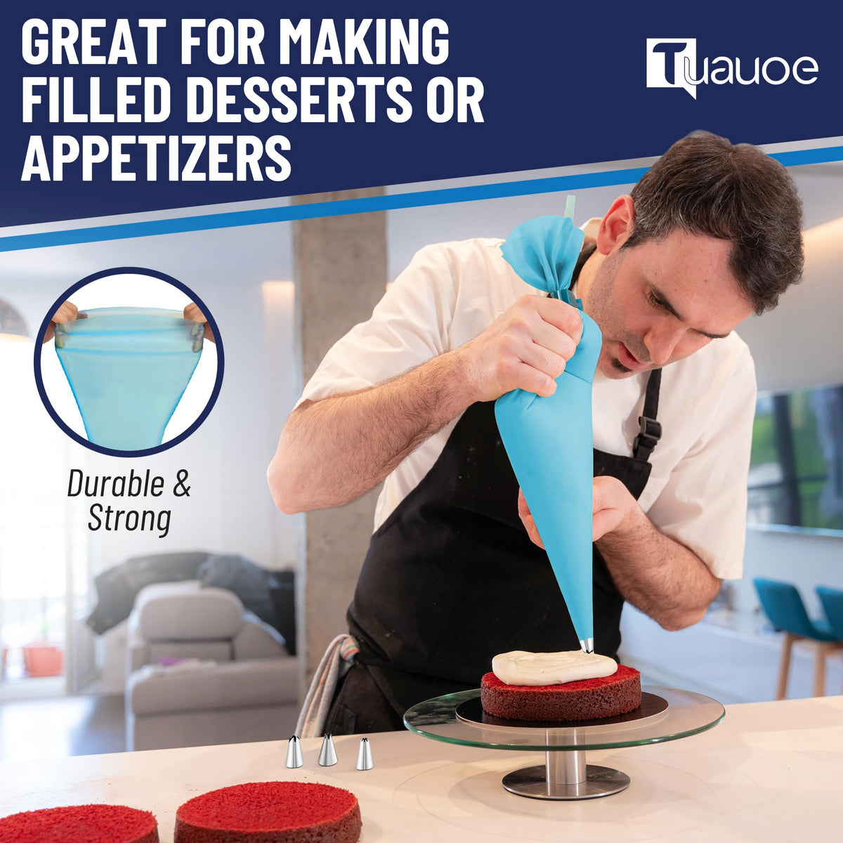 Tuauoe piping bag provides sturdy grip for smooth, mess-free piping.
