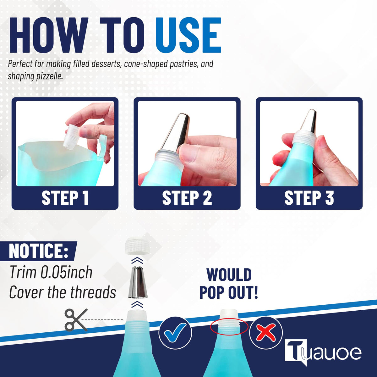 Tuauoe piping tips for decorating and filling desserts cleanly.