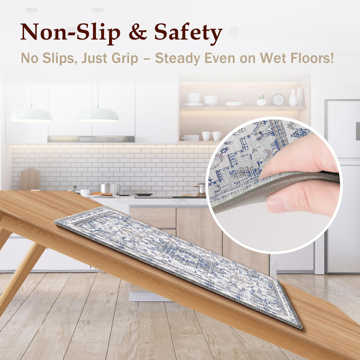 Tubeamin non-slip backing keeps the mat firmly in place on dry floors.