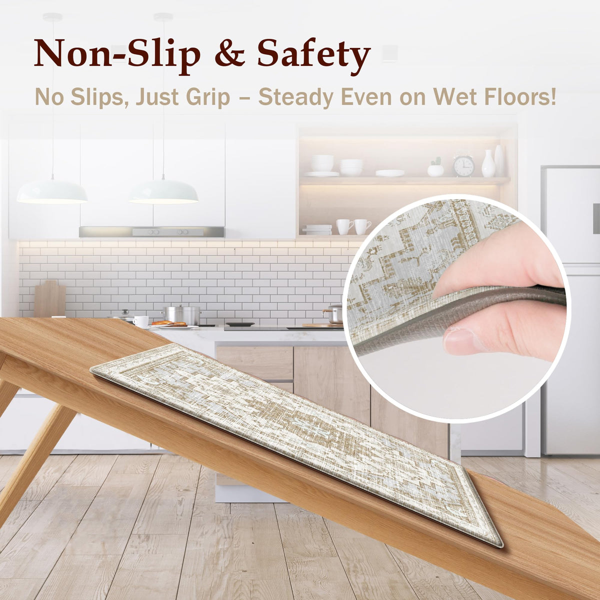 Tubeamin non-slip backing closeup demonstrating secure placement on dry floors.