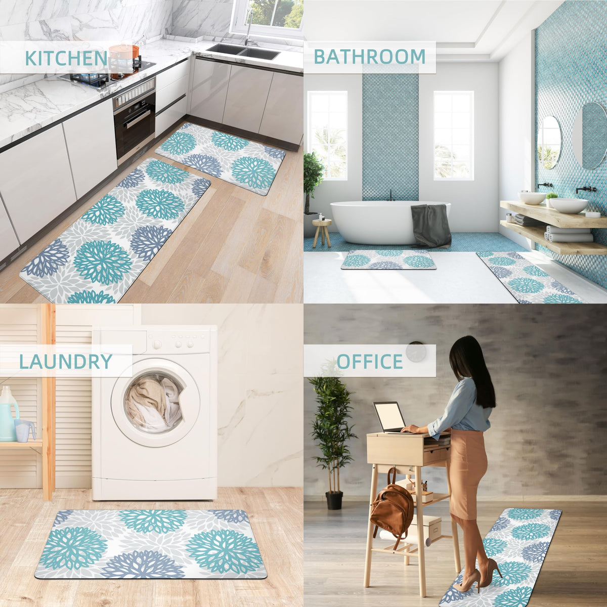 Tubeamin teal mats add color and comfort to entryways and kitchens.