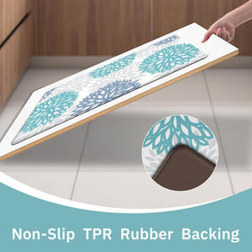 Tubeamin teal kitchen mats resist spills and remain durable with waterproof backing.