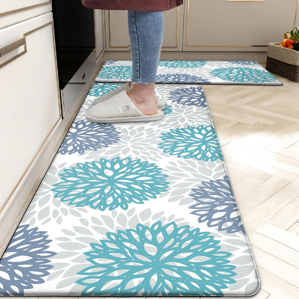 Tubeamin teal kitchen mats by sink offer cushioned standing comfort.