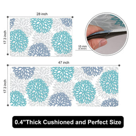 Tubeamin teal kitchen mats at standing desk provide ergonomic support during tasks.