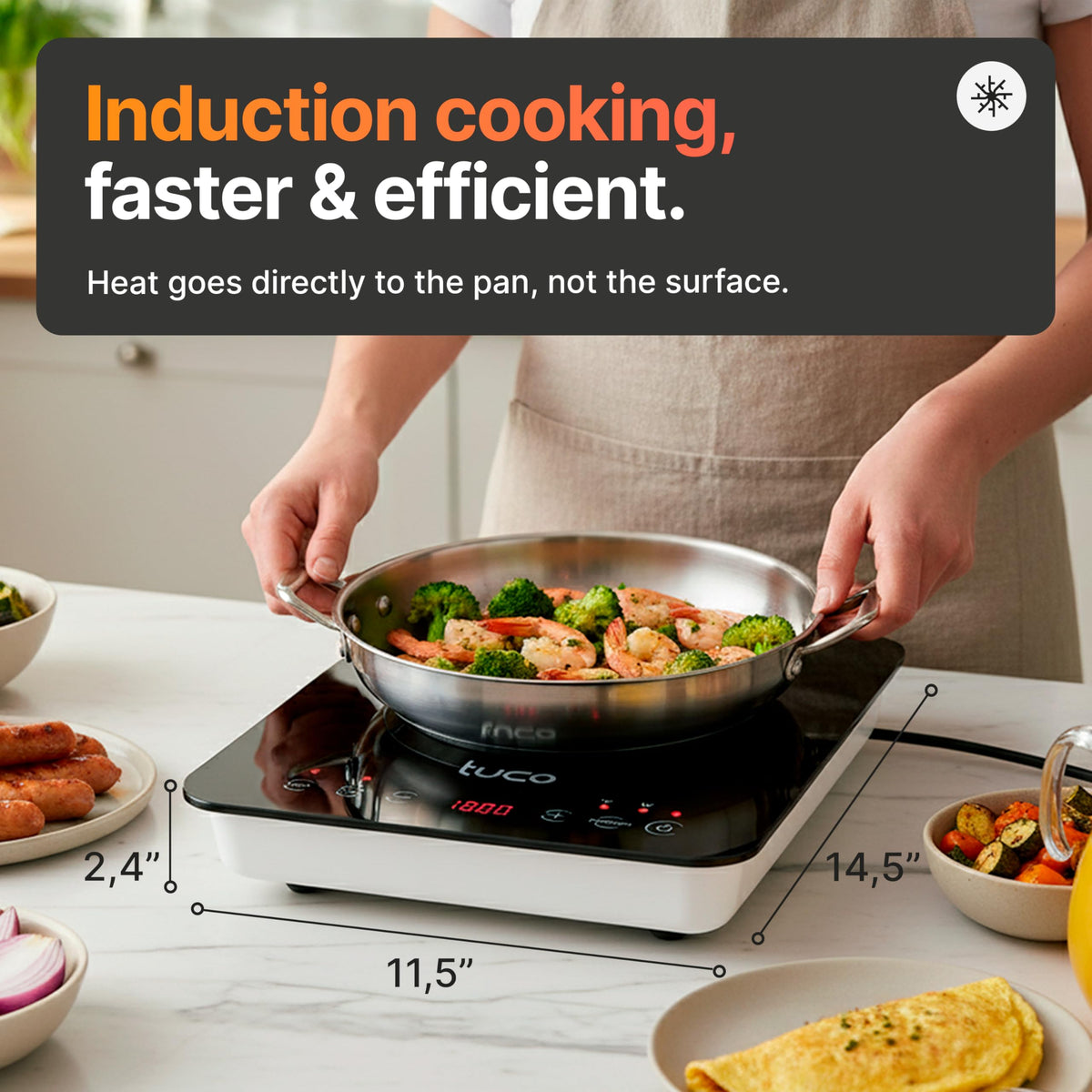 TUCO induction cooktop LCD control enables precise heat and power adjustments