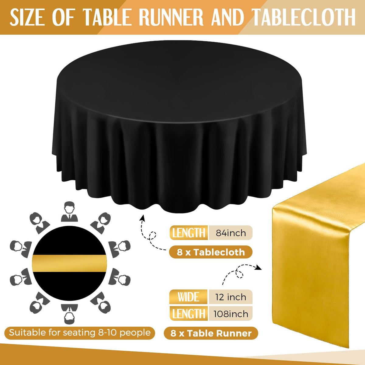 Tudomro black gold satin table runner 108x12 inches adds a sleek table accent.