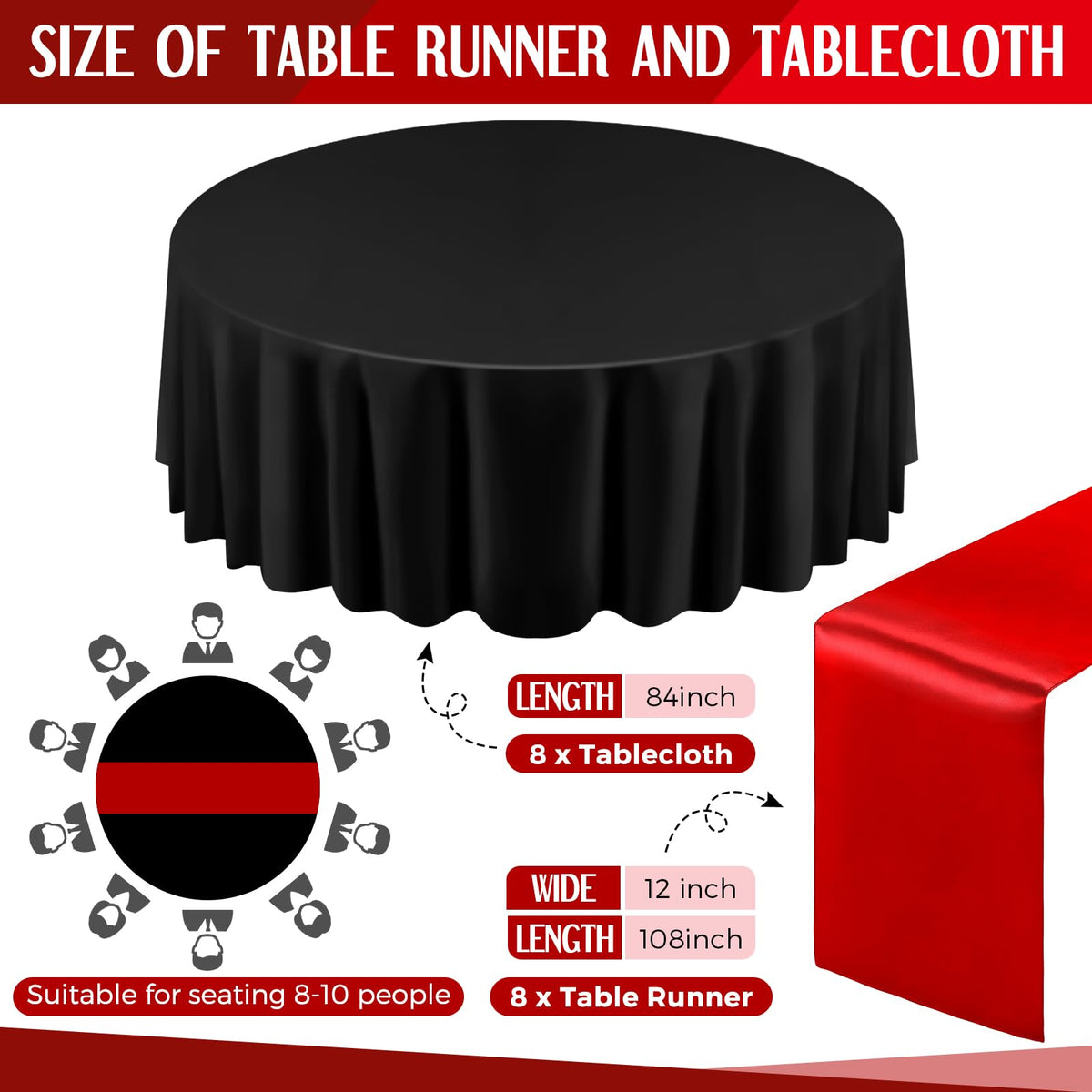 Tudomro satin table runner in black and red, 108x12 inches adds polished sparkle.