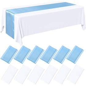 Tudomro white-blue disposable tablecloth fully covers a rectangular table for quick cleanup