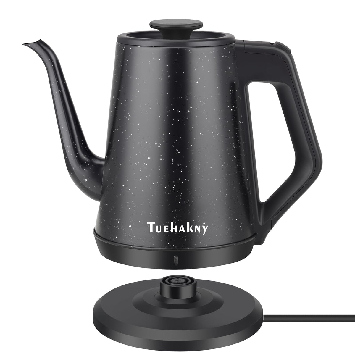 Tuehakny gooseneck kettle 1L capacity for quick tea prep on a home kitchen counter.