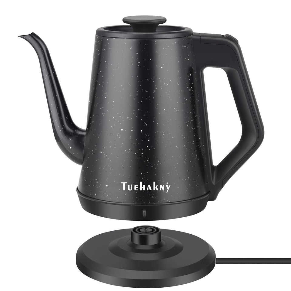 Tuehakny gooseneck kettle 1L capacity for quick tea prep on a home kitchen counter.