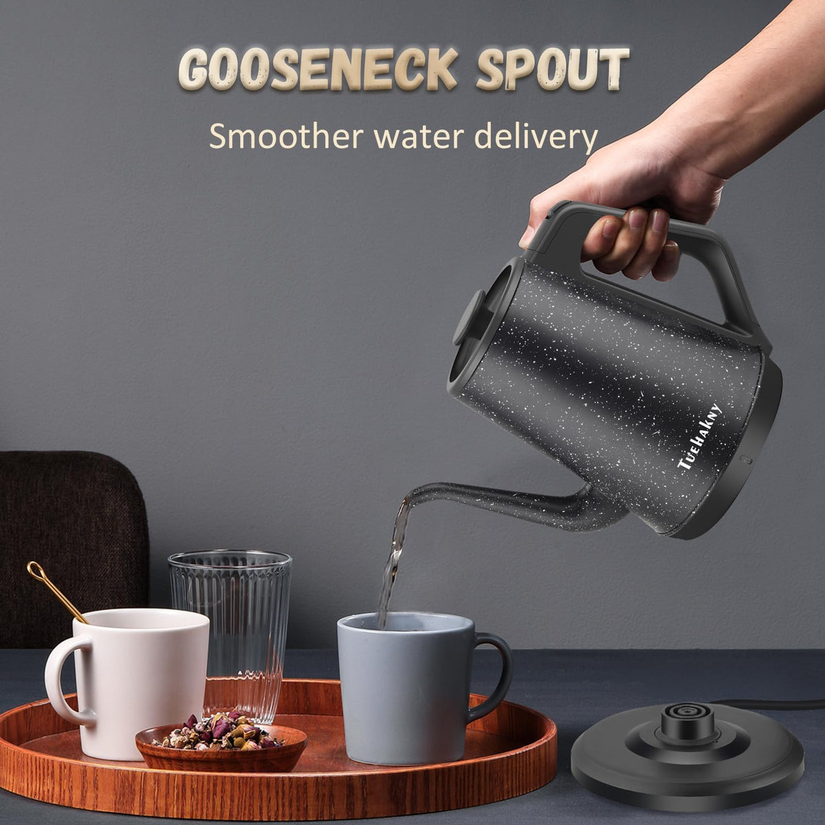 Tuehakny gooseneck kettle compact 1L fits office, dorm, or small kitchen.