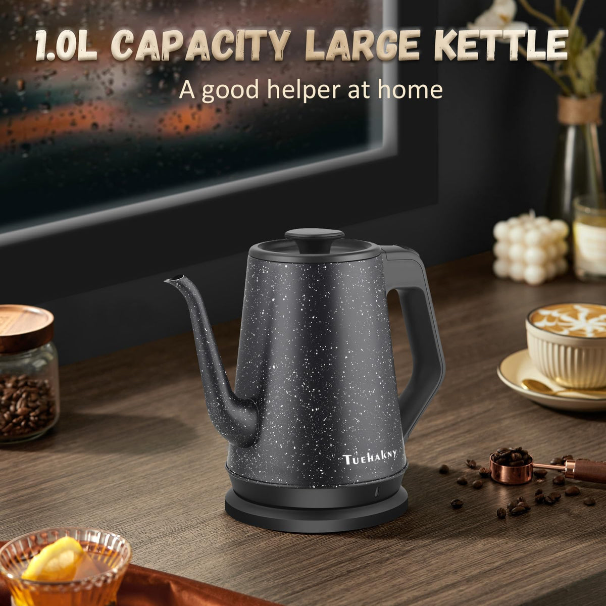 Tuehakny gooseneck kettle boils water in 3 minutes, ideal for busy mornings.