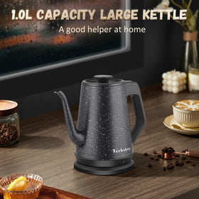 Tuehakny gooseneck kettle boils water in 3 minutes, ideal for busy mornings.