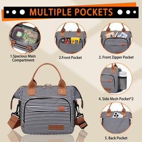 TuErCao stripes lunch bag with detachable strap demonstrates hands-free carrying.