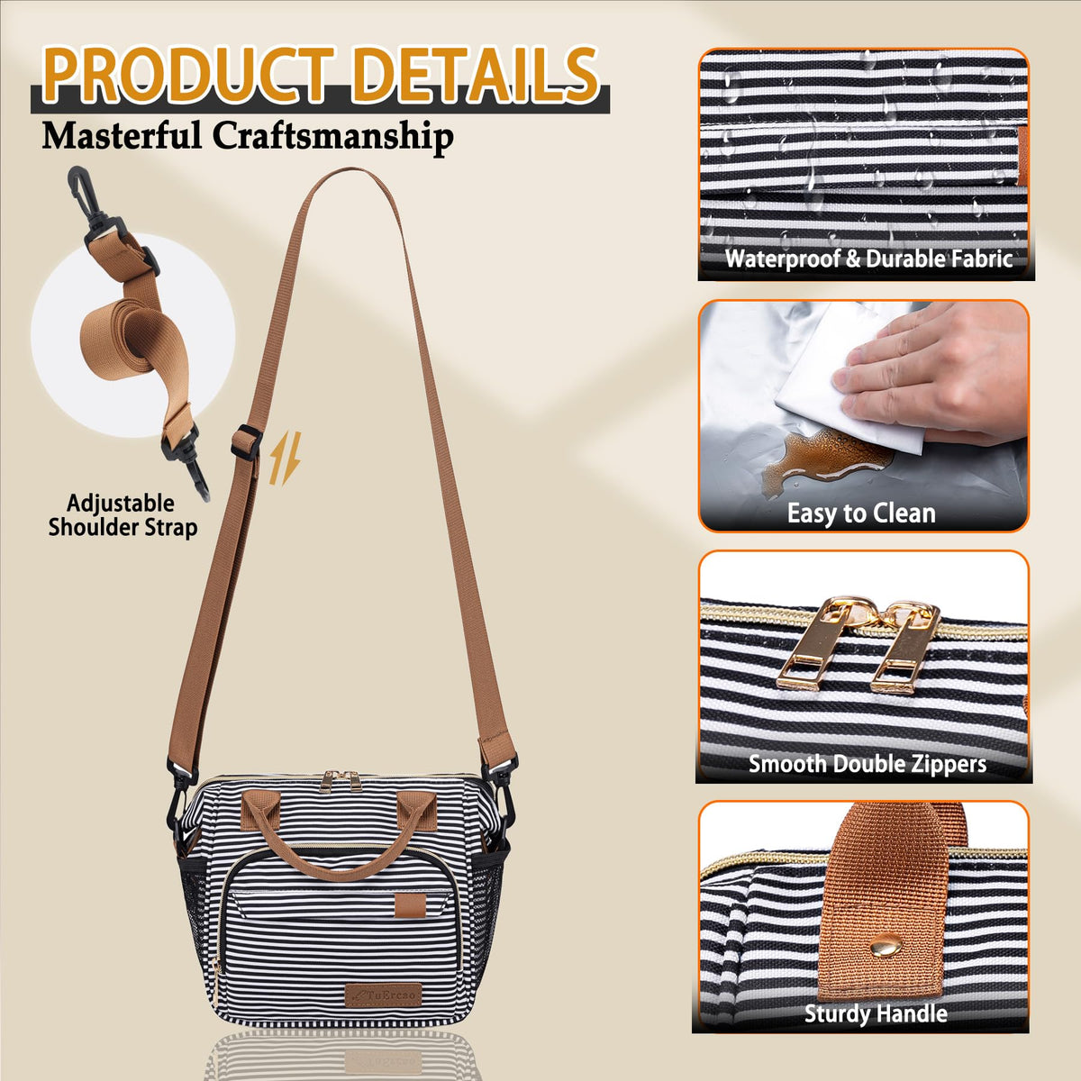 TuErCao insulated lunch bag side view shows water-resistant exterior for daily use.